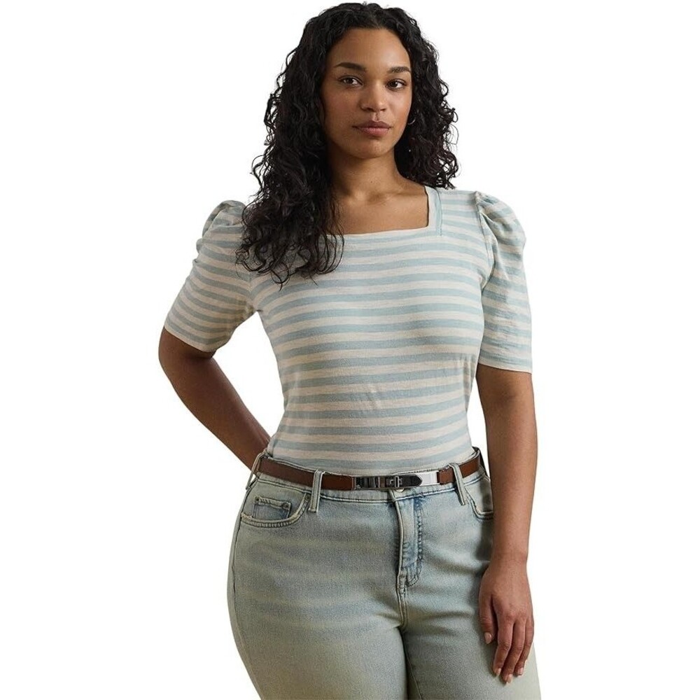 Lauren Ralph Lauren Women's Plus Size Striped Cotton Puff-Sleeve Tee Shirt 2X